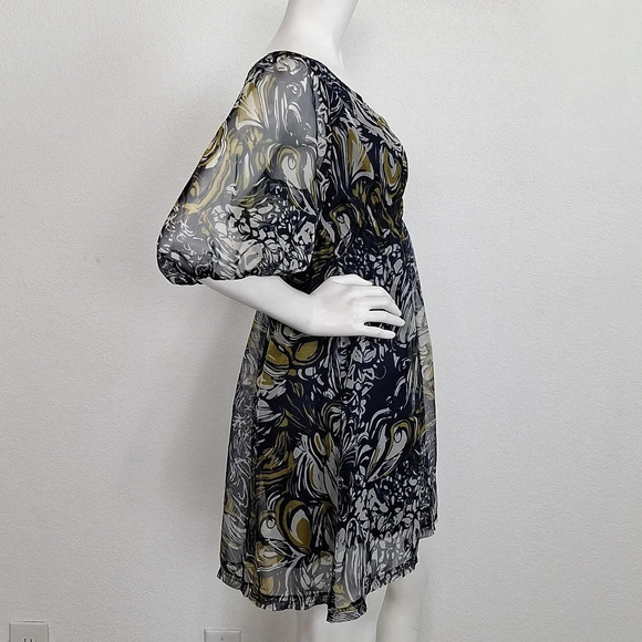 Navy Blue Combo Floral Bohemian Wide Sleeve Silk Blend Preppy Mini Dress Size M - Picture 6 of 7